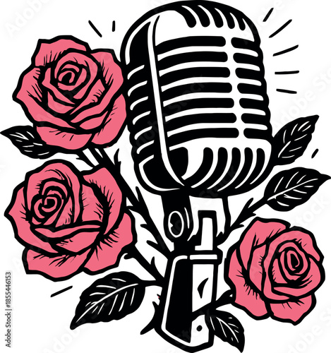 Vintage Microphone Pink Roses Music Vector Design