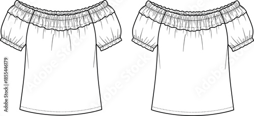 Womens Off-The-Shoulder Peasant Blouse Technical Flat Sketch with Wide Smocked Ruffle Neckline and Gathered Short Puff Sleeves Vector Illustration