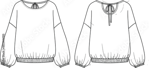 Womens Oversized Balloon Sleeve Top Technical Flat Sketch with Back Neck Tie Detail and Elastic Gathered Waistband Vector Template Illustration