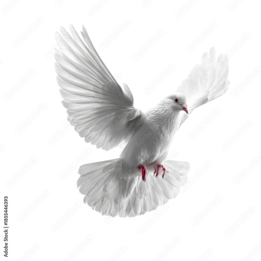 Obraz premium Dove of Peace in Flight: A pristine white dove, symbolizing peace, soars gracefully through the air, its wings spread wide in a gesture of freedom.