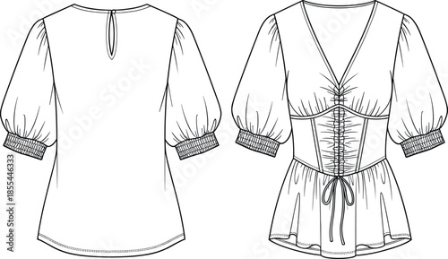 Womens V-Neck Corset Peplum Blouse Technical Flat Sketch with Short Gathered Puff Sleeves Ruched Front and Tie Detail Vector Template Illustration