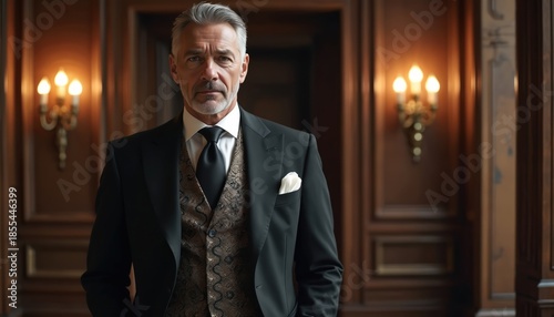 Mature distinguished gentleman stands in opulent room. Elegant man wears formal suit, patterned waistcoat, crisp white shirt, dark tie. Sophisticated portrait captures successful executive, rich