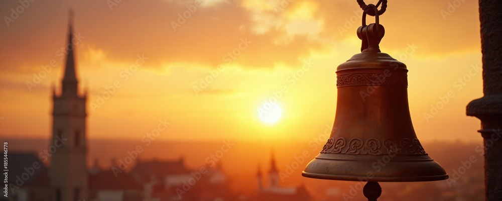 Naklejka premium Old church bell silhouette at sunset. Warm orange sky, sun setting over distant town. Religious symbol, sacred place, tranquility, historical architecture.