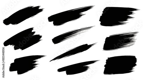 Set of black brush strokes on white background for design and artistic use