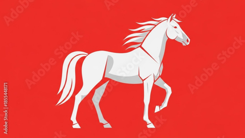 White horse with flowing mane on red background, animal illustration
