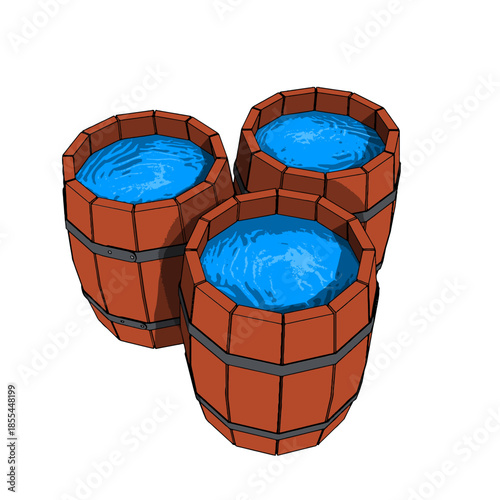 Three Wooden Old Vintage Barrel with Metal Bands filled by Water. Vector Illustration.