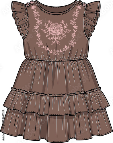Bohemian Midi Dress Fashion Technical Drawing with Smocked Chevron Bodice, Bell Sleeves, and Back Keyhole Detail, Detailed Flowing Garment Design Flat Sketch Template.