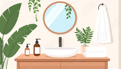 A modern and minimalist bathroom vanity with a round mirror, white sink, green plants, and soap dispensers.