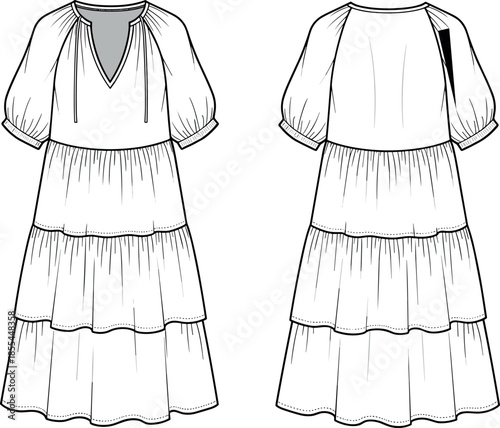 Bohemian Tiered Midi Dress Fashion Technical Flat Drawing, Women's Peasant Style Garment Vector Illustration, Ruffle Skirt and Puff Sleeve Apparel Template, V-Neck with Tie Detail, Front and Back.
