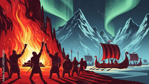Viking warriors celebrate burning village, longships sail fjord under aurora borealis