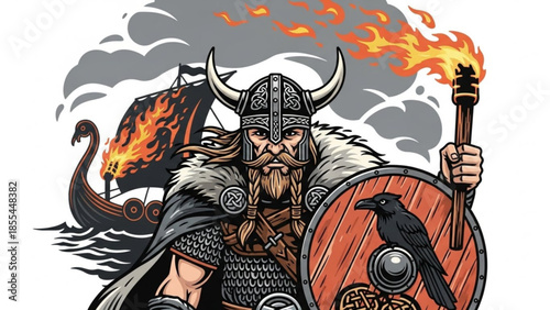 Viking warrior with horned helmet holding flaming torch and shield with crow on white