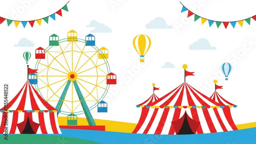 Vibrant carnival scene with ferris wheel, colorful tents, hot air balloons and bunting