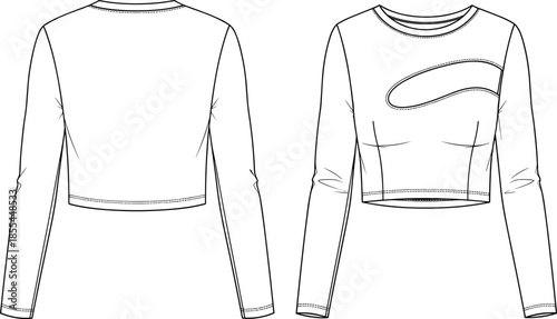 Cropped Long Sleeve Top Technical Flat Sketch, Women's Fashion Cut-Out Detail Knit Shirt, Front and Back View Vector Template.