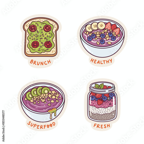 Assorted Healthy Food Stickers - Avocado Toast, Smoothie Bowls, and Parfait.