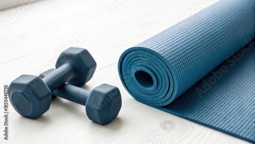 Minimalist home gym setup featuring blue yoga mat and dumbbells on light wooden floor for peaceful exercise space