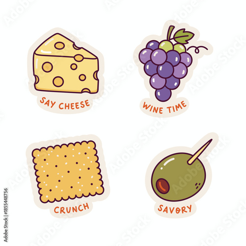 Cheese, grapes, cracker, and olive stickers for wine and cheese party.