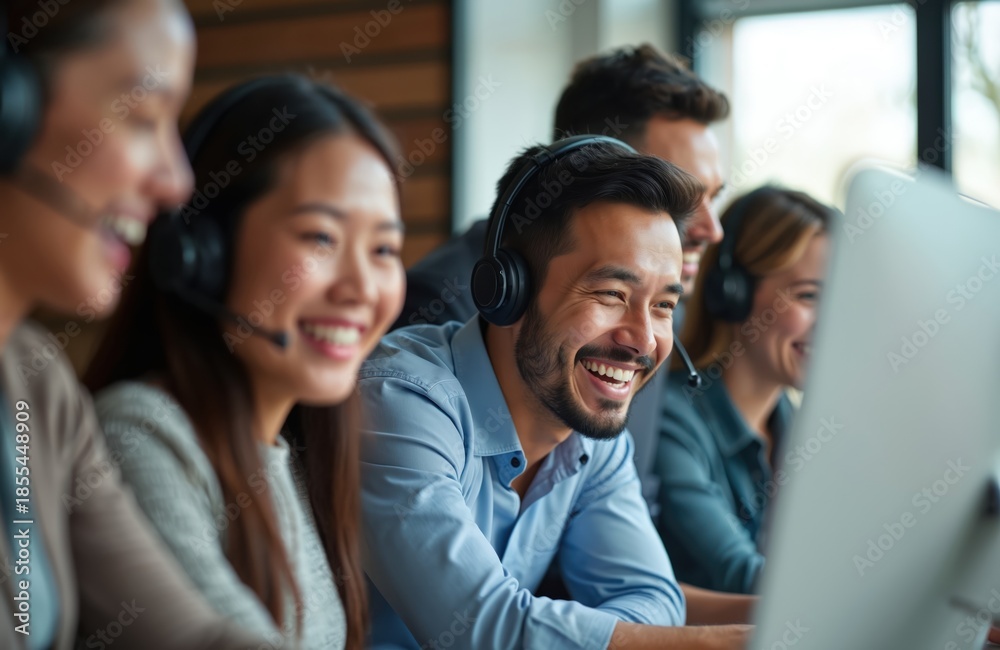 Fototapeta premium Happy call center agents wear headsets. Diverse team smiles while working together at computers in modern office. People communicate online using tech for customer support service.