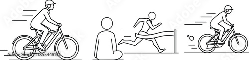 Minimal line art illustration showing athletes cycling, running, and training, representing healthy lifestyle, fitness motivation, and outdoor sports activities concept.
