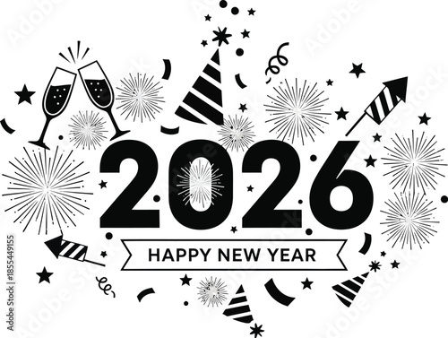 Happy New Year 2026 celebration with fireworks and champagne