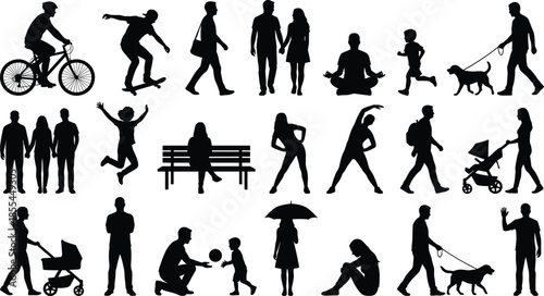 Silhouettes of people walking, exercising, relaxing, parenting, playing, cycling, sitting, stretching, and interacting in various everyday lifestyle activities, outdoor scenes, community moments