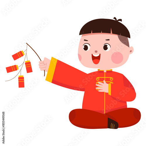 Chinese New Year Kid Playing With Firecracker String Celebration Kid Illustration