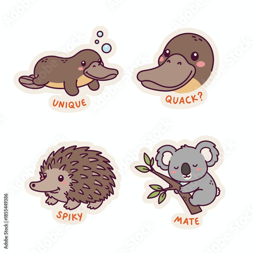 Charming Australian Wildlife Stickers - Platypus, Koala, and Echidna Illustrations.