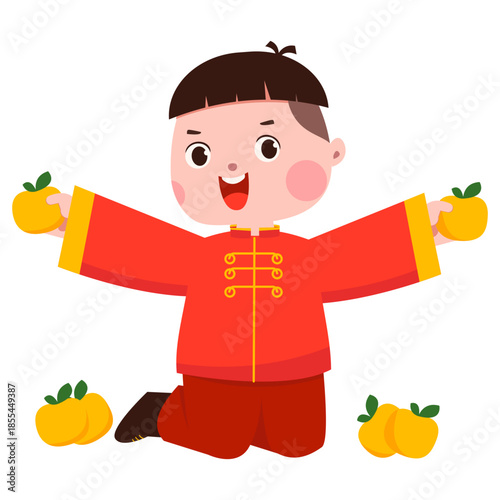 Happy Chinese New Year Kid Surrounded By Mandarin Oranges Kid Illustration