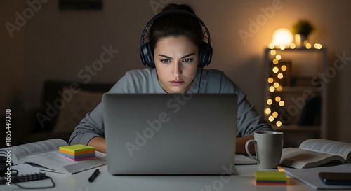 Focused young woman wearing headphones working on laptop at night in a dimly lit room.