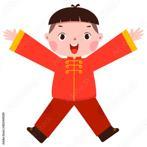 Excited Chinese New Year Kid Spreading Arms Celebration Pose Kid Illustration