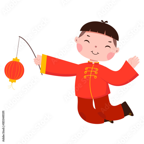 New Year Kid Holding Red Lantern Celebration Pose Kid Illustration