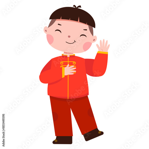 Smiling Chinese New Year Kid Waving With Hand On Chest Kid Illustration