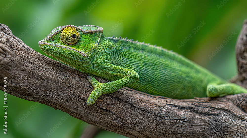 Fototapeta premium Green Chameleon Resting on Tree Branch
