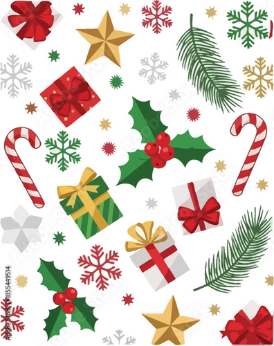 Festive Christmas decorations with gifts, candy canes, and snowflakes