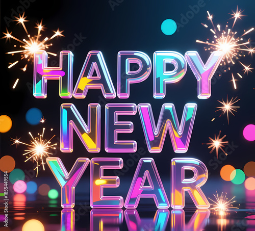 Glass-style “HAPPY NEW YEAR” text reflecting colorful lights, festive sparkles around