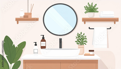 Modern minimalist bathroom interior with round mirror, sink, potted plants, and wooden shelves on a light wall.