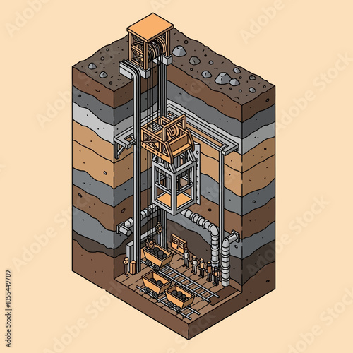 Isometric cross-section illustration of a deep underground mine shaft with elevator and multiple geological layers.