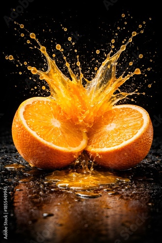 Fresh ripe orange fruit splashing in water with juicy citrus drops and bubbles isolated on a black background