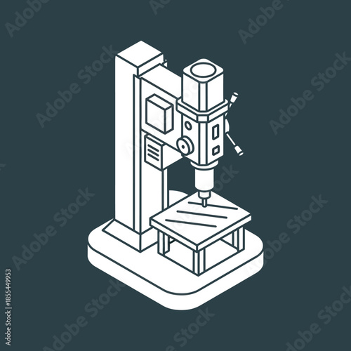 Isometric line art illustration of an industrial drill press machine, used for drilling holes in various materials.