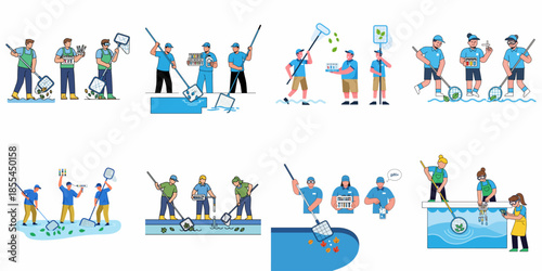 Set of vector illustrations depicting professional workers performing swimming pool and water quality maintenance, cleaning, and chemical testing services.