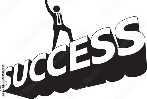 Businessman Silhouette Celebrating on Top of 3D Success Text Graphic