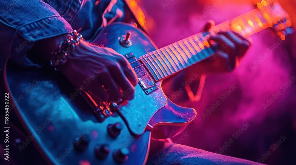 Obraz premium Close Up Of A Person Playing Electric Guitar With Blue And Pink Stage Lights During A Concert Performance With Smoke Effect