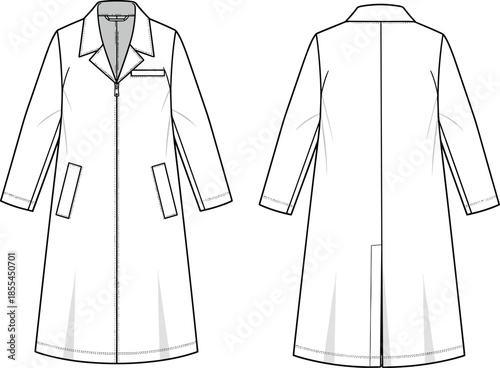 Doctor Lab Coat Technical Flat Sketch, Medical Staff Uniform Zip-Front Tunic, Front and Back View Vector Template for Design.