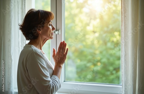 Mature woman with hands clasped in prayer looks out window. She finds peace and hope through faith, seeking solace in quiet reflection at home. Free Download Mature woman with hands clasped in prayer looks out window. She finds peace and hope through faith, seeking solace in quiet reflection at home. - GFXLoad