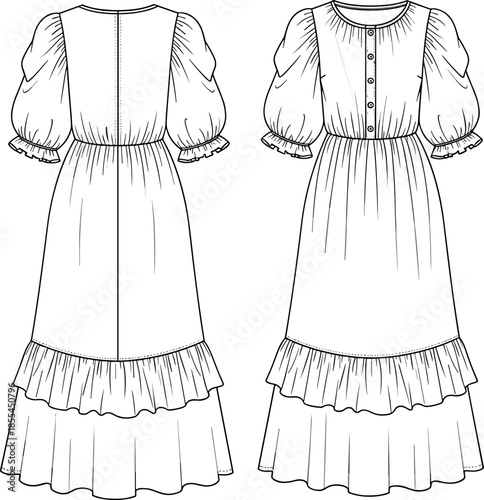 Feminine Prairie-Style Maxi Dress Fashion Technical Drawing with Puffed Sleeves, Tiered Ruffle Hemline, and Button Placket, Vintage-Inspired Flowing Garment Design Template.