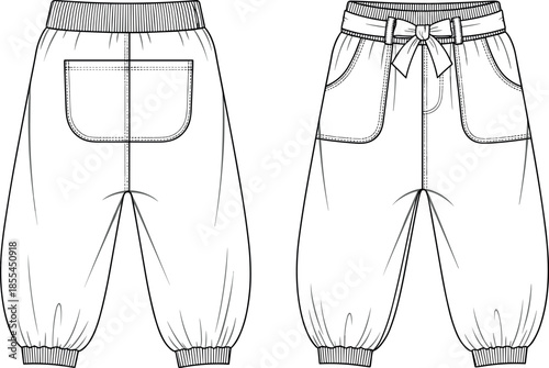 Girl's Harem Jogger Pants Technical Flat Sketch, Knit Trouser with Tie Waist Belt and Cuffed Hem, Front and Back View Vector.