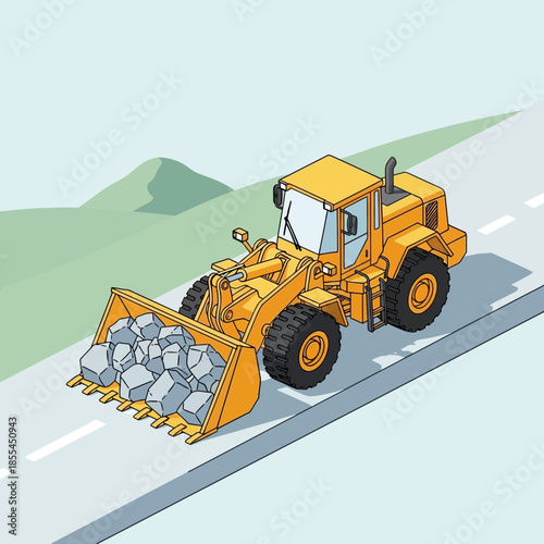 A yellow front-end loader carrying a bucket full of rocks on a paved road with hills in the background.