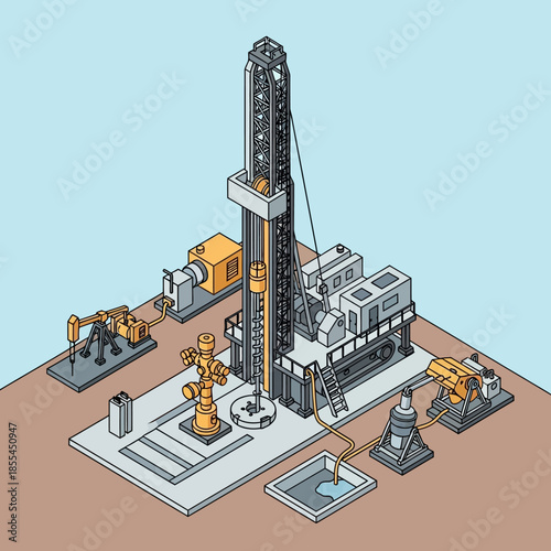 Isometric illustration of an oil drilling rig with a derrick, pumpjack, and wellhead, depicting petroleum extraction operations.