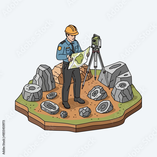 Isometric illustration of a geologist surveying a site with rocks and fossils using a total station.