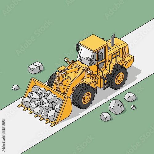 Isometric illustration of a yellow front-end loader carrying rocks on a road, with scattered stones around.
