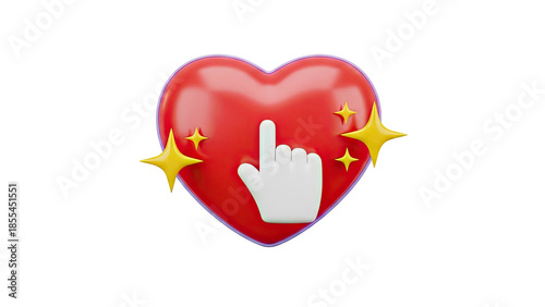 3D Cursor Clicking on a Red Heart with Sparkles on transparent background